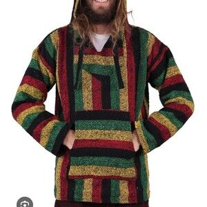 Baja Hoodie Pullover Mexican Style Drug Rug Red Black Men's sz L rasta